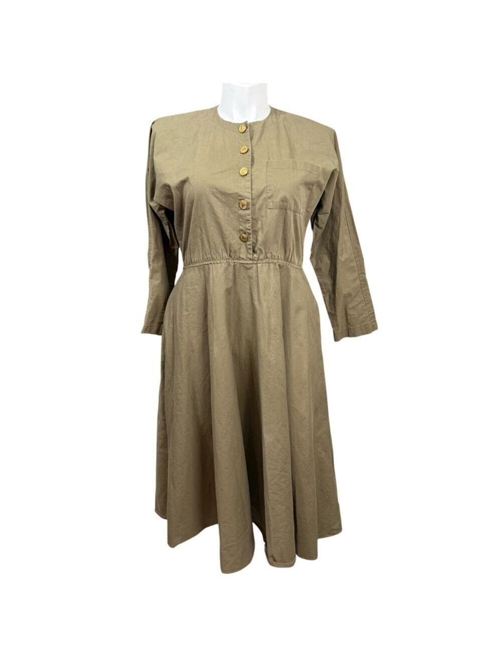Vintage Positive Attitude Olive Green Midi Dress Made in USA Long Sleeve Sz M